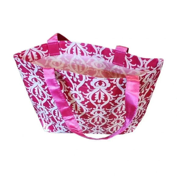 NEW Small Satin Pink White Tote Bag H 10" X W 14" - Picture 1 of 5